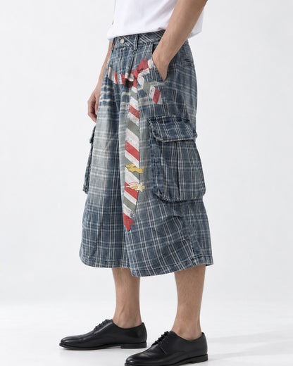 Washed Plaid Cargo Shorts with Tie Detail