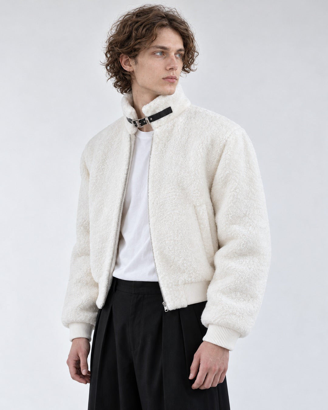 Buckle Strap Stand Collar Teddy Jacket