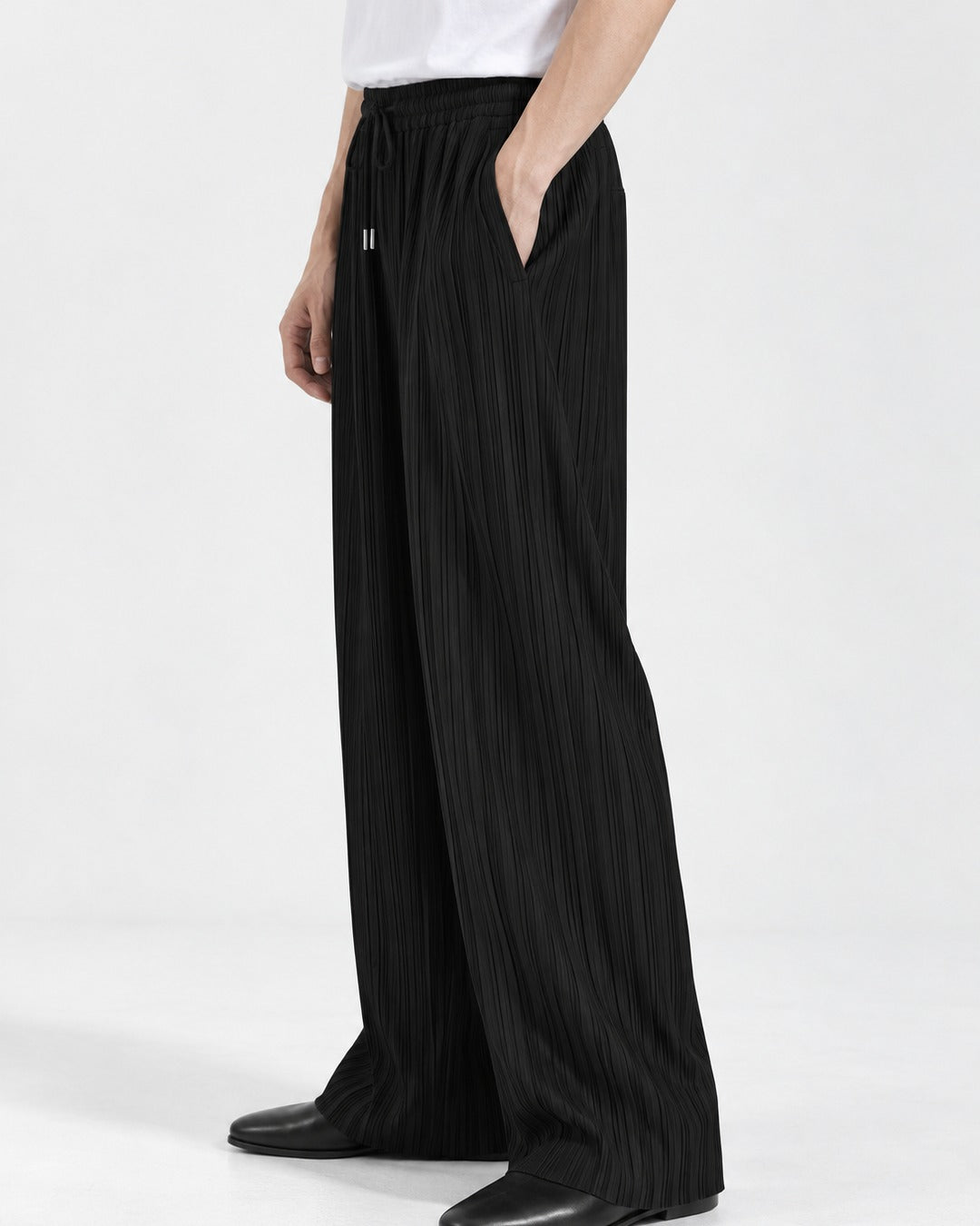 Pleated Drawstring Wide-Leg Pants