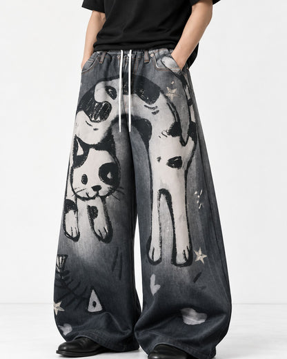 Cat Graphic Gradient Wide-Leg Jeans