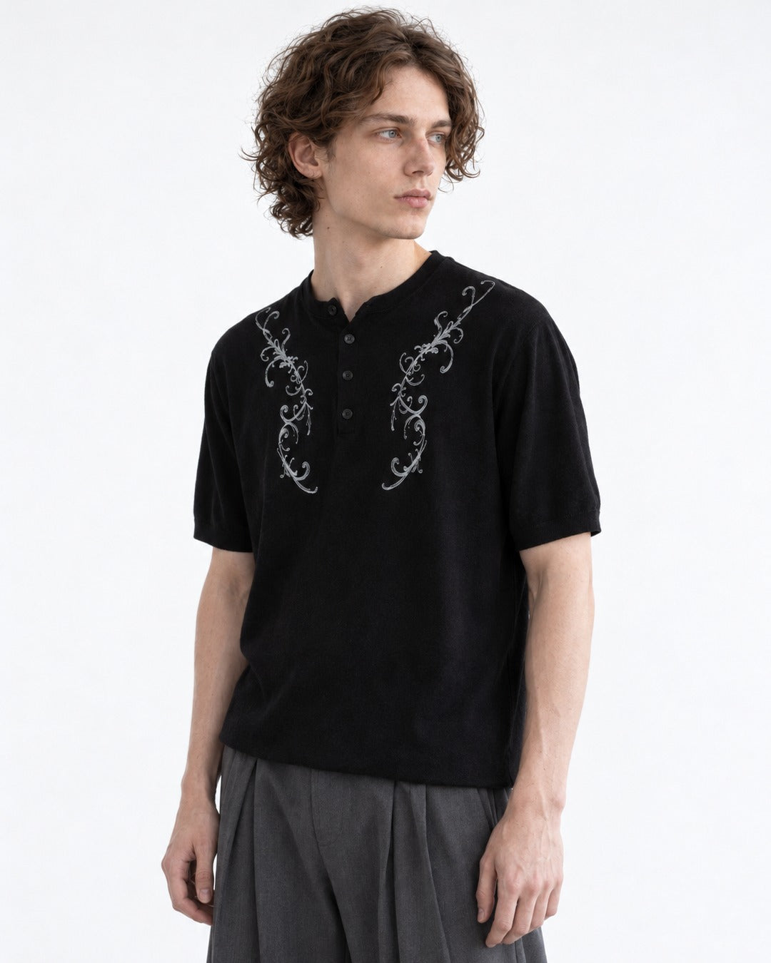 Henley Knit Top with Embroidered Scrollwork