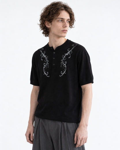 Henley Knit Top with Embroidered Scrollwork