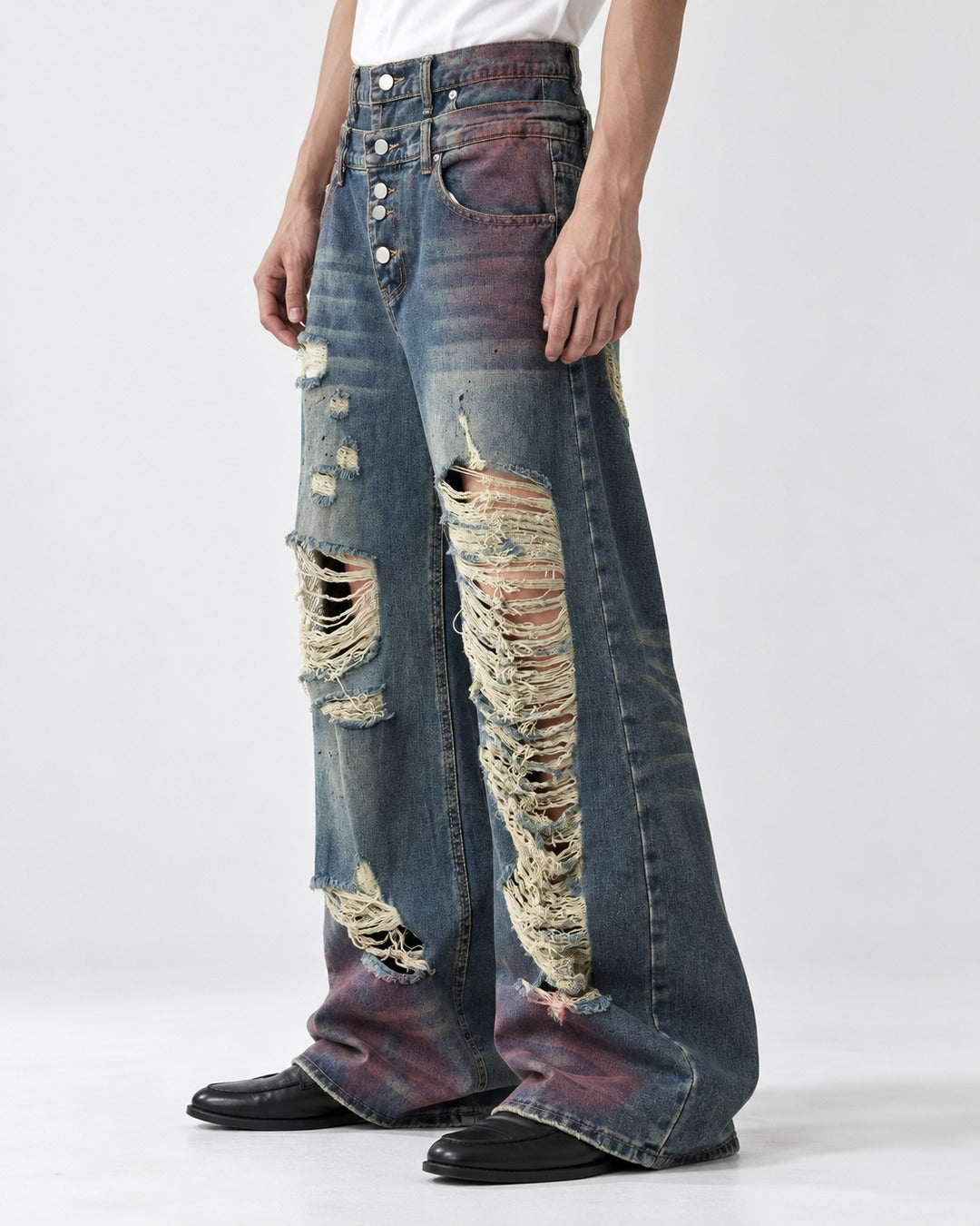Distressed Double-Waistband Jeans