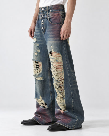 Distressed Double-Waistband Jeans