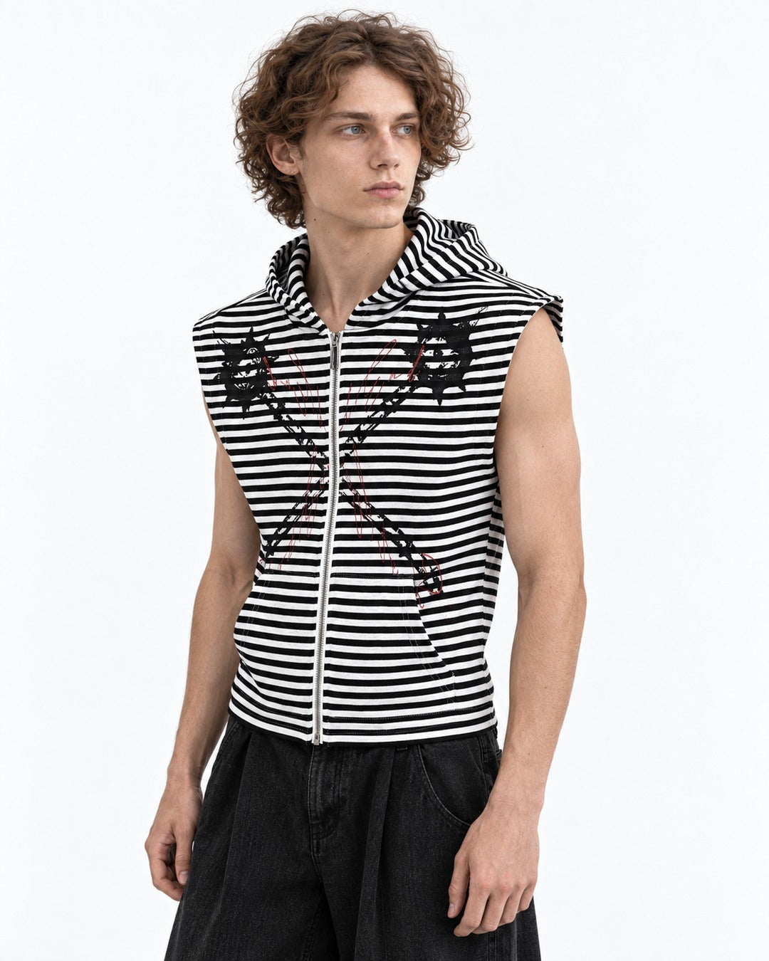 Striped Zip Hooded Vest with Spiked Chain Print