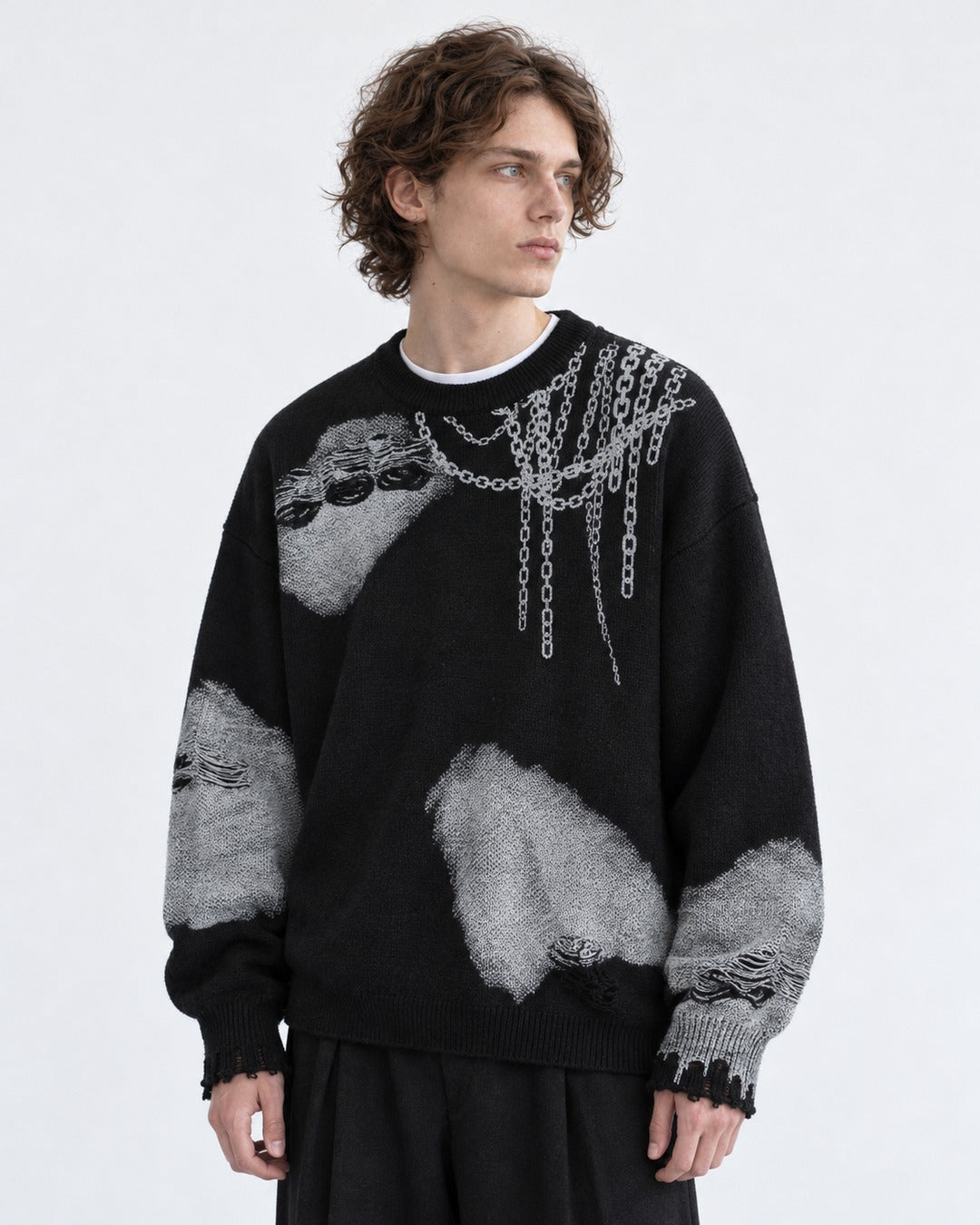 Chain-Print Distressed Sweater