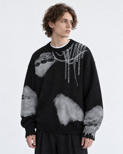 Chain-Print Distressed Sweater