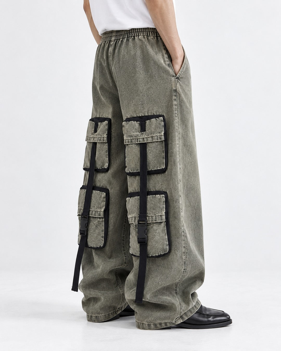 Washed Strap-Pocket Wide Cargo Pants