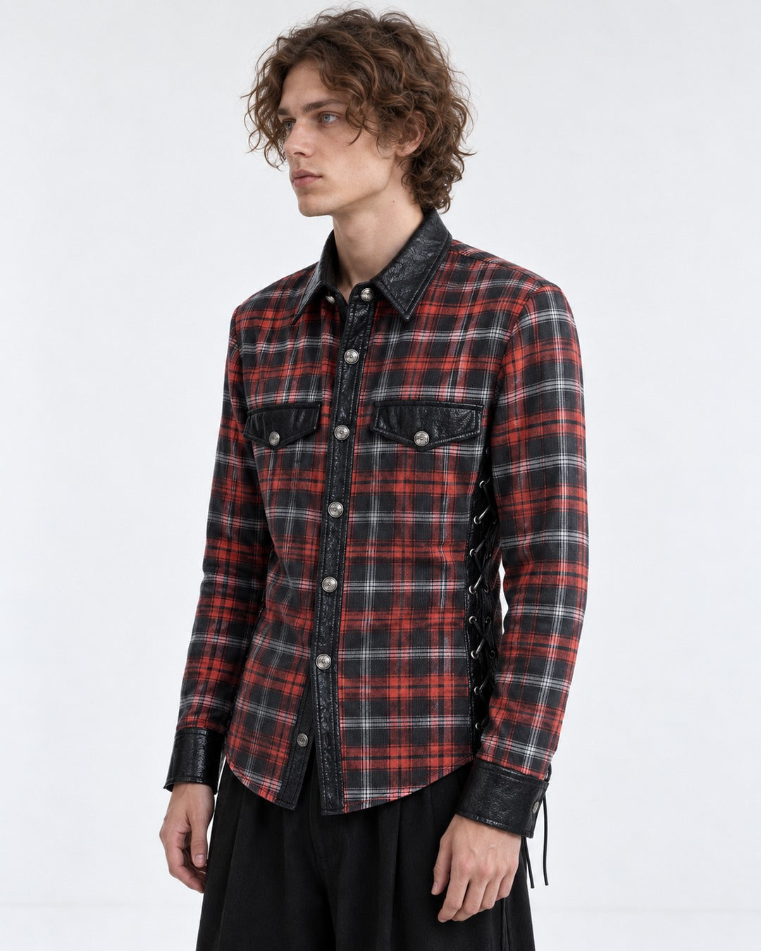 Red Plaid Shirt with Black Panels and Side Lacing
