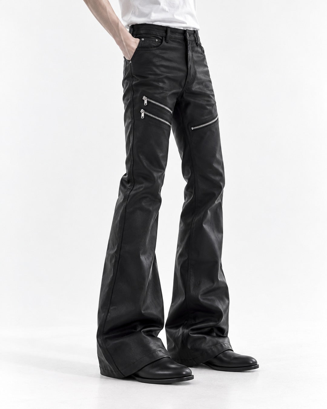 Zip Detail Flared Coated Pants