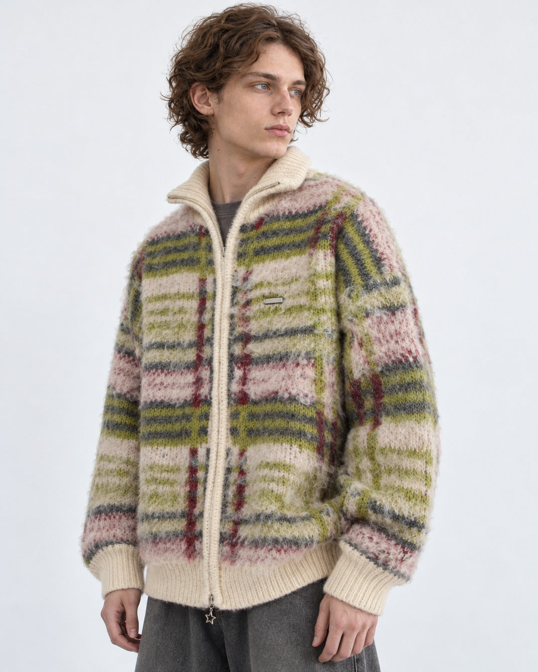 Mohair-Blend Plaid Zip Knit Jacket