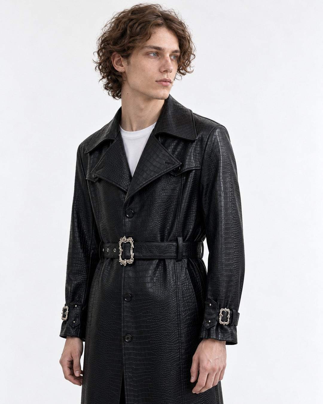 Croc-Embossed Belted Trench Coat