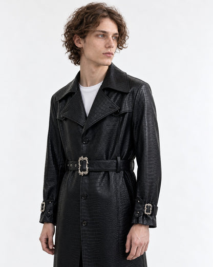 Croc-Embossed Belted Trench Coat
