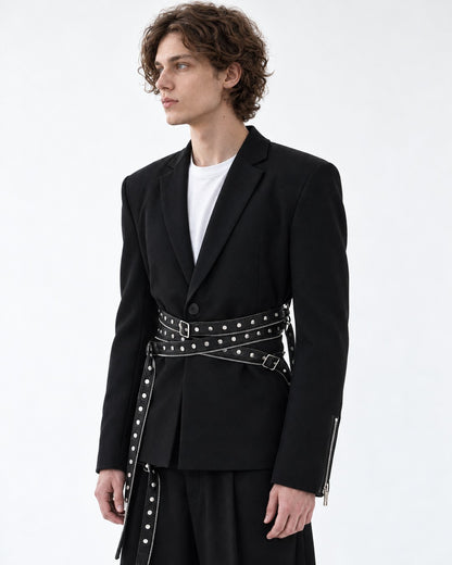 Black Rivet Strap Blazer Jacket and Pants Set-Up