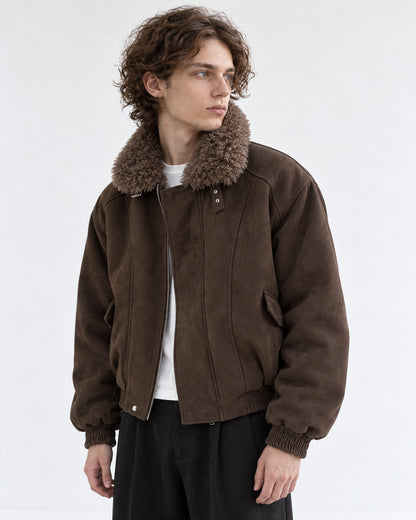 Shearling Collar Suede-Look Bomber Jacket
