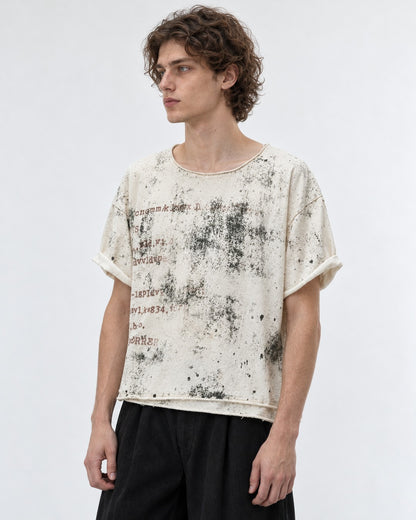 Distressed Stencil Print Raw-Cut Top