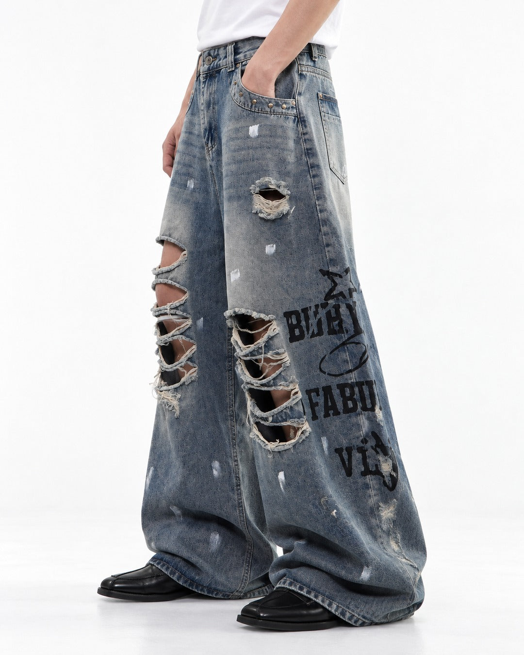 Letter Print Distressed Wide Leg Jeans