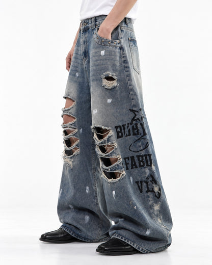 Letter Print Distressed Wide Leg Jeans