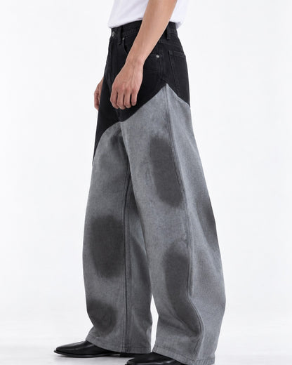 Curved Color-Block Wide-Leg Jeans