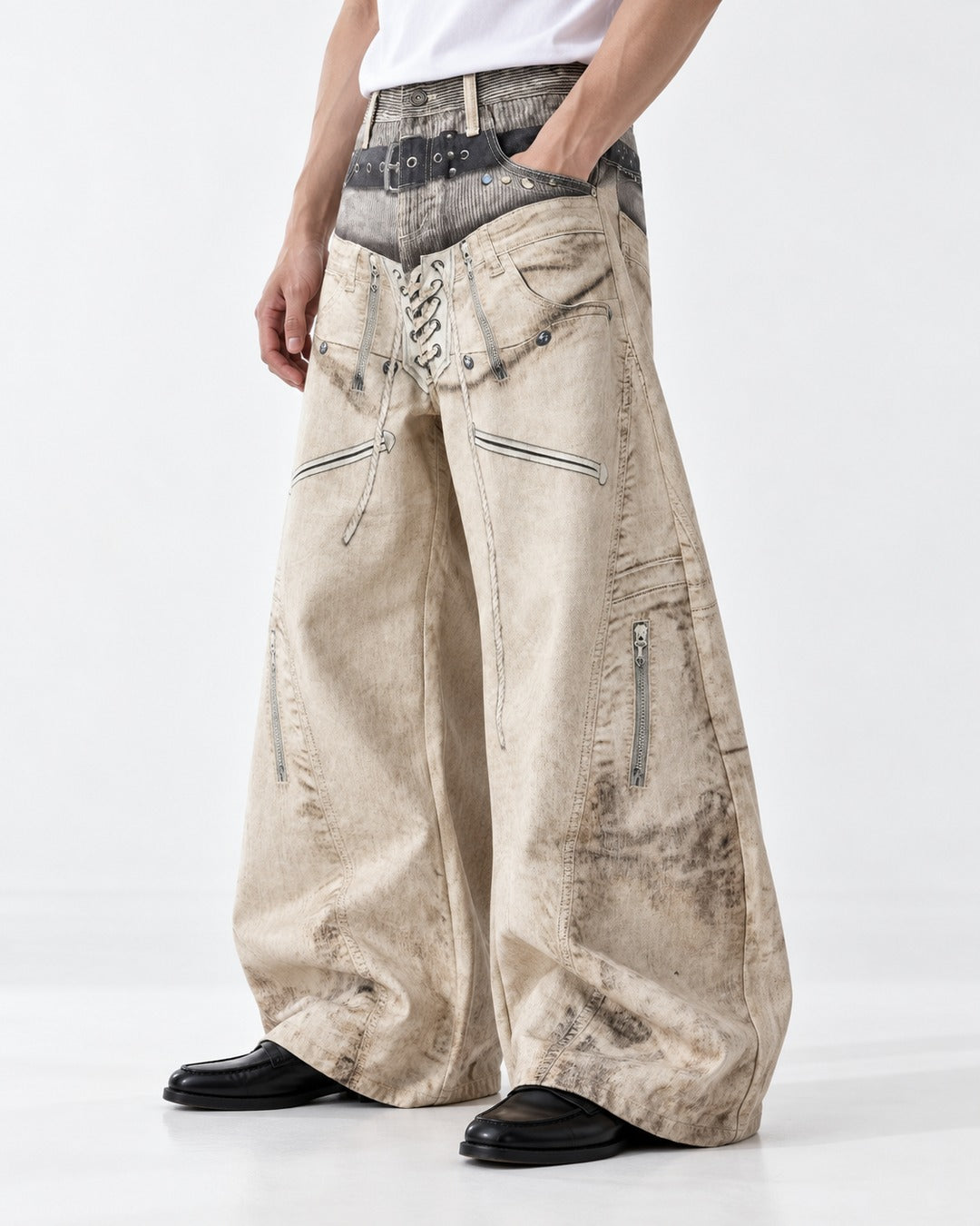 3D Double-Waistband Wide Pants