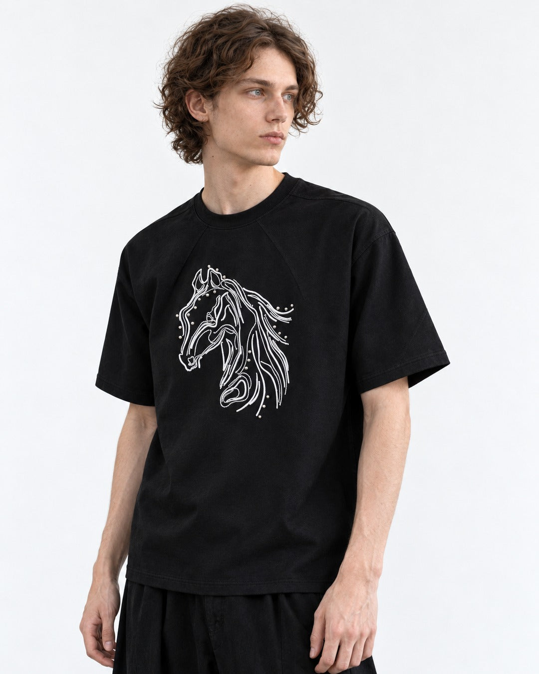 Horse Head Embroidered Mock-Neck T-Shirt