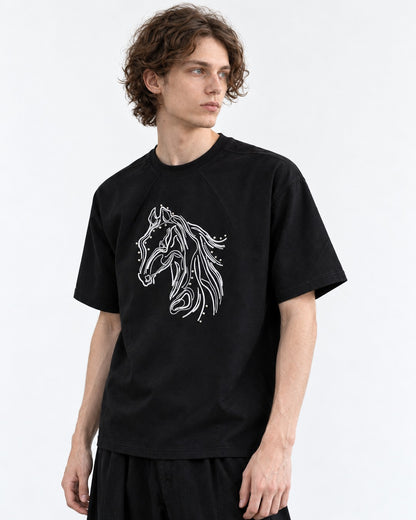 Horse Head Embroidered Mock-Neck T-Shirt