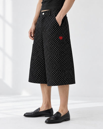 Polka Dot Wide Knee-Length Pants with Heart Embroidery