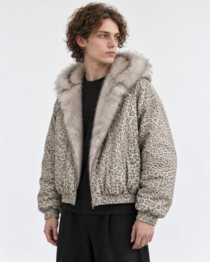 Leopard Print Hooded Jacket with Plush Collar