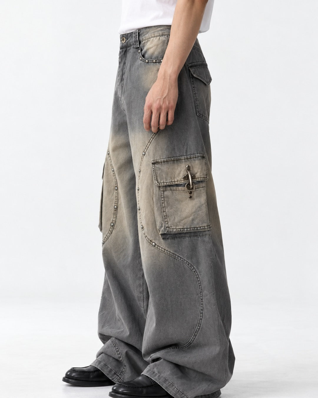 Studded Seam Faded Cargo Jeans