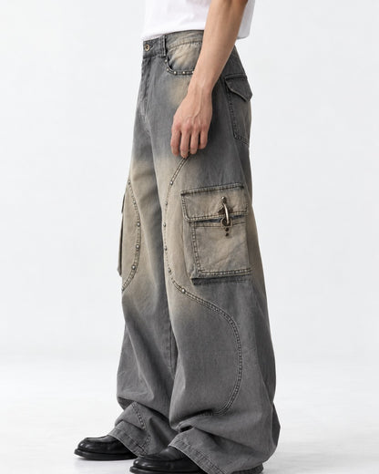Studded Seam Faded Cargo Jeans