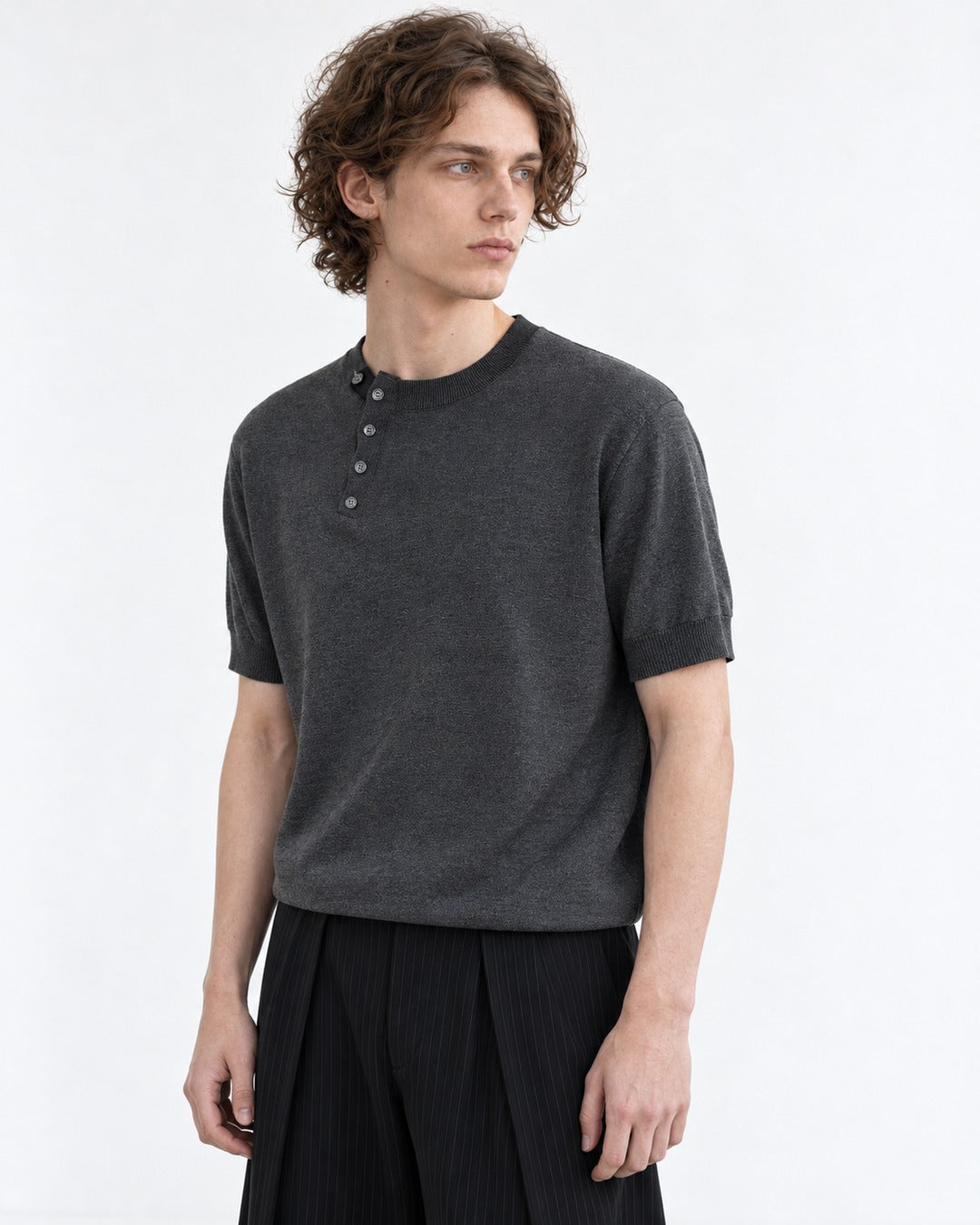 Diagonal-Button Henley Knit Top