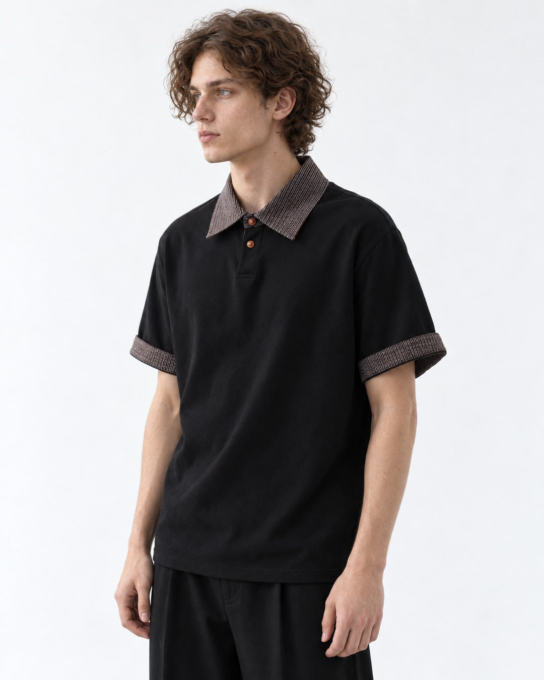 Woven Collar Patchwork Polo Shirt
