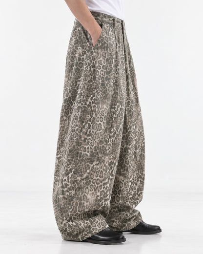 Washed Leopard Barrel Wide-Leg Pants