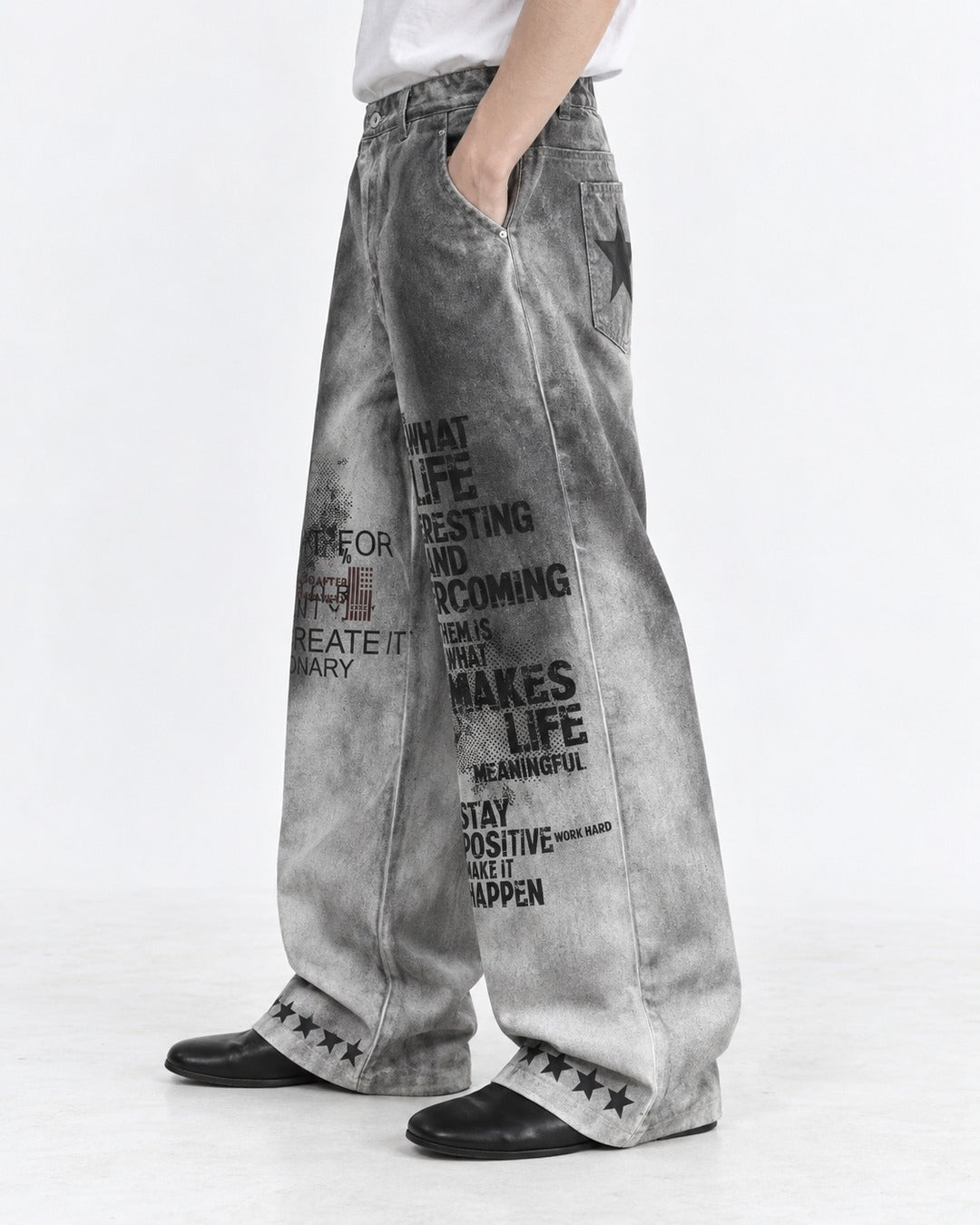 Gray Gradient Slogan Print Wide Pants