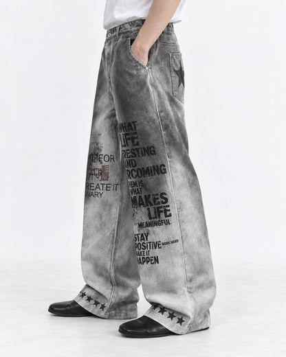Gray Gradient Slogan Print Wide Pants