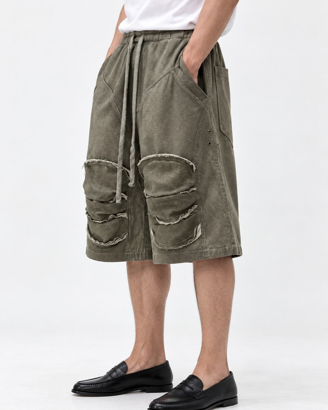Raw Edge Knee Patch Drawstring Shorts