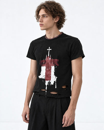 Distressed Cross Print T-Shirt
