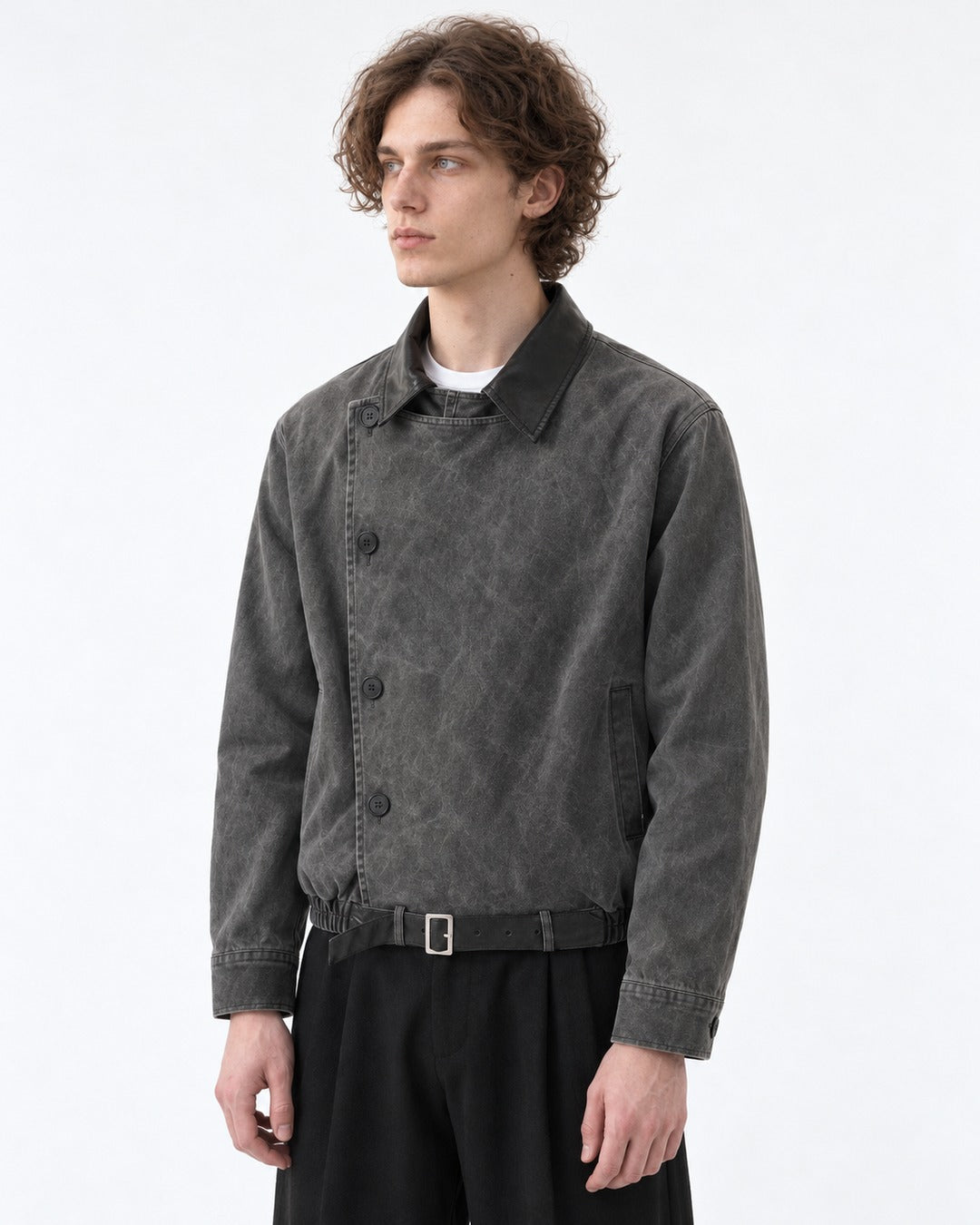 Diagonal Button Jacket with Contrast Collar