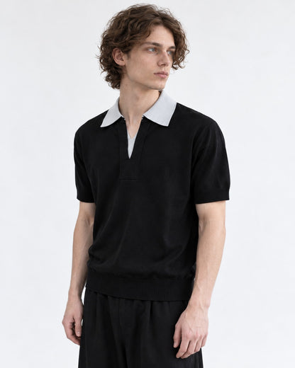 Gray Collar Black Knit Polo Shirt