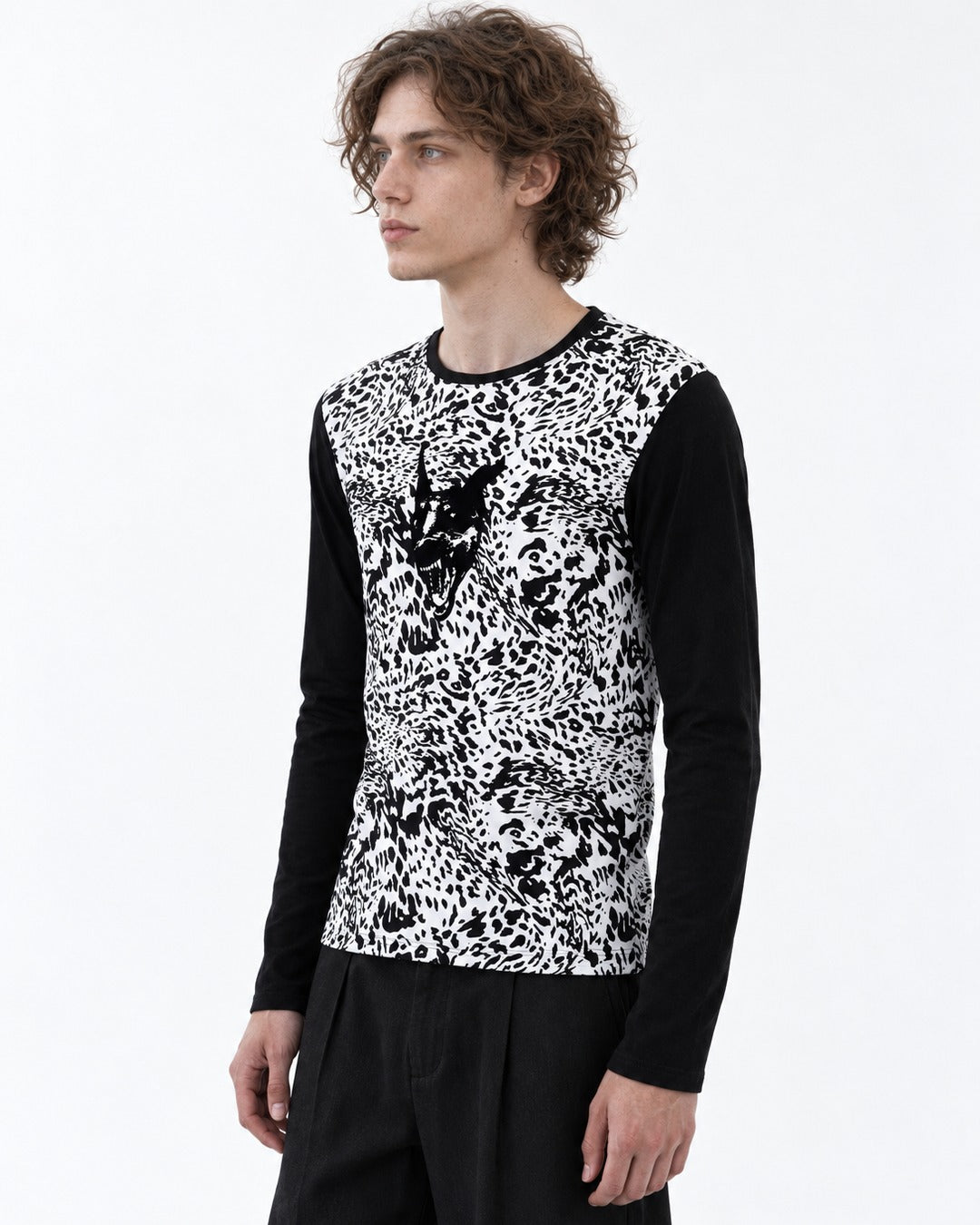 Wolf Head Leopard Color-Block Long-Sleeve T-Shirt
