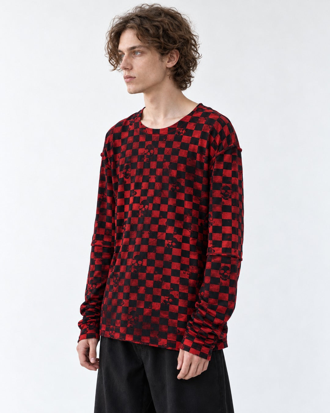 Red and Black Checkerboard Long Sleeve T-Shirt