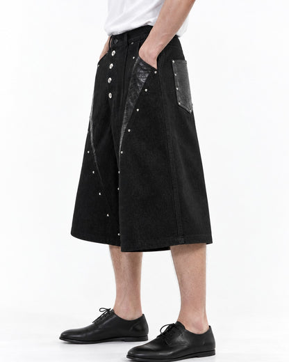 Studded Snap-Front Panel Denim Shorts