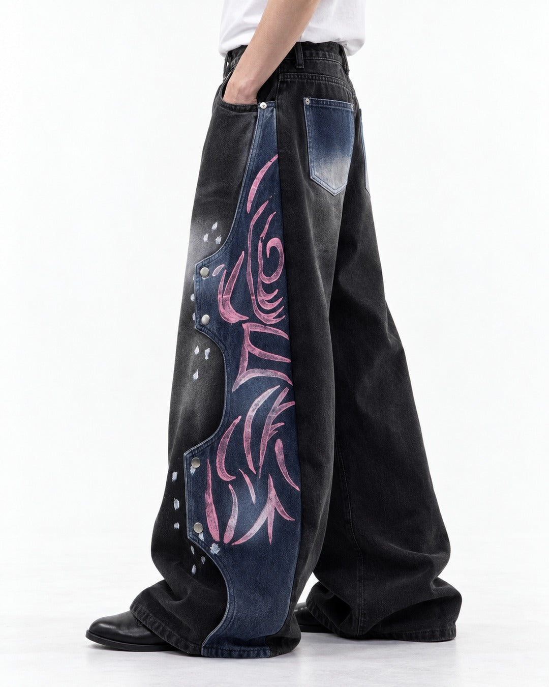 Pink Tribal Pattern Blue-Panel Black Wide-Leg Jeans