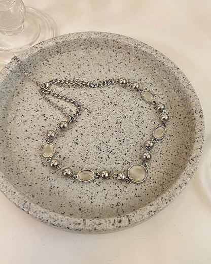 Silver Bead and White Stone Necklace