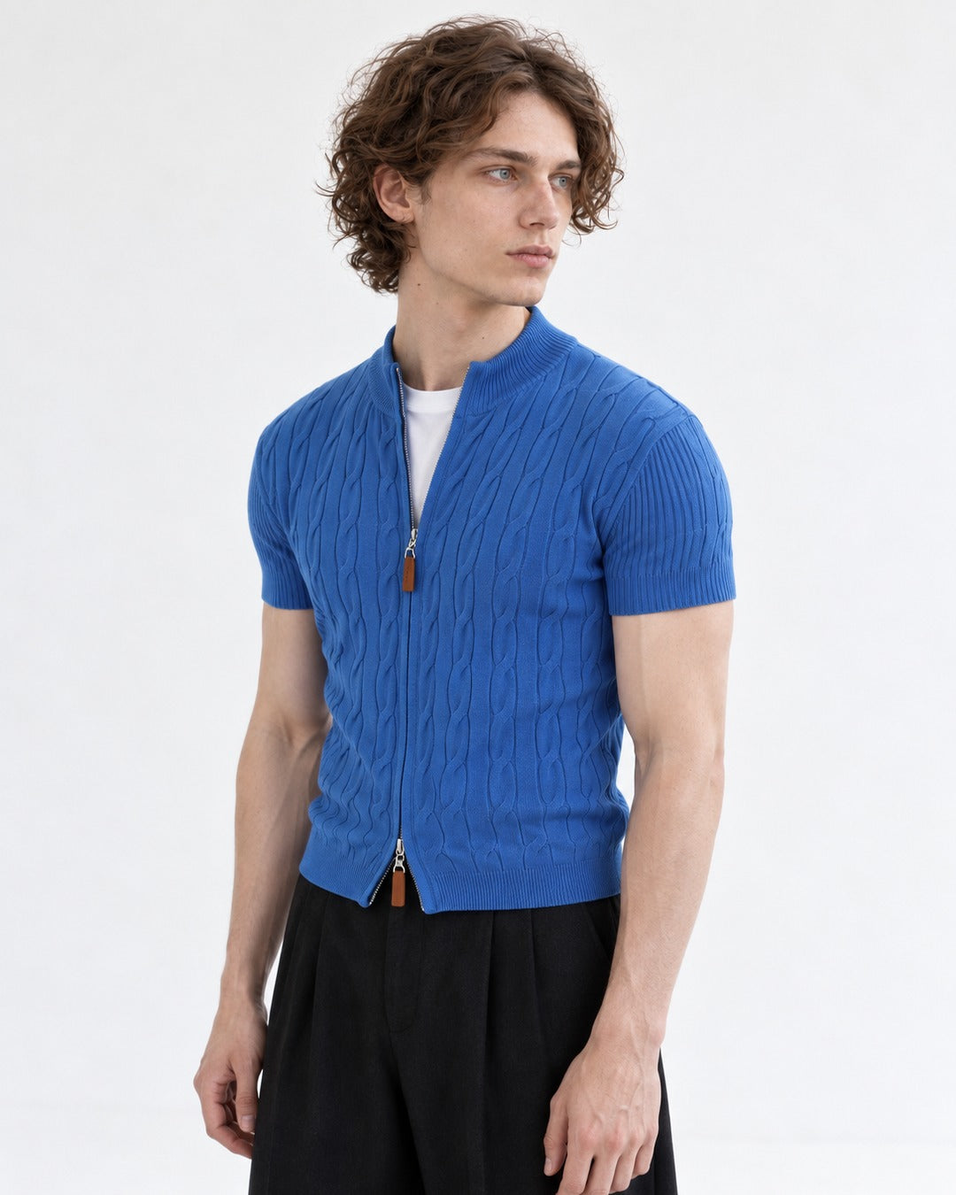 Cable-Knit Short-Sleeve Zip Cardigan