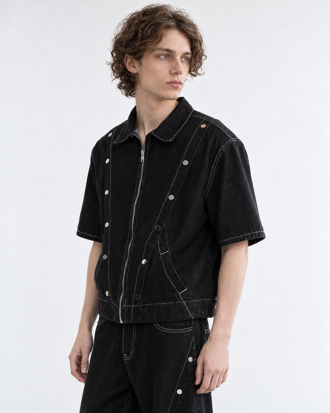 Multi-Button Contrast Stitching Denim Suit Set-Up