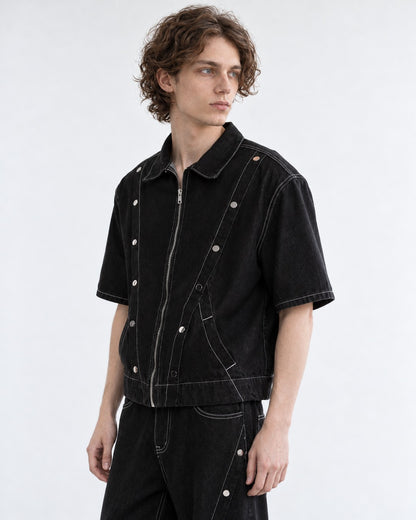 Multi-Button Contrast Stitching Denim Suit Set-Up