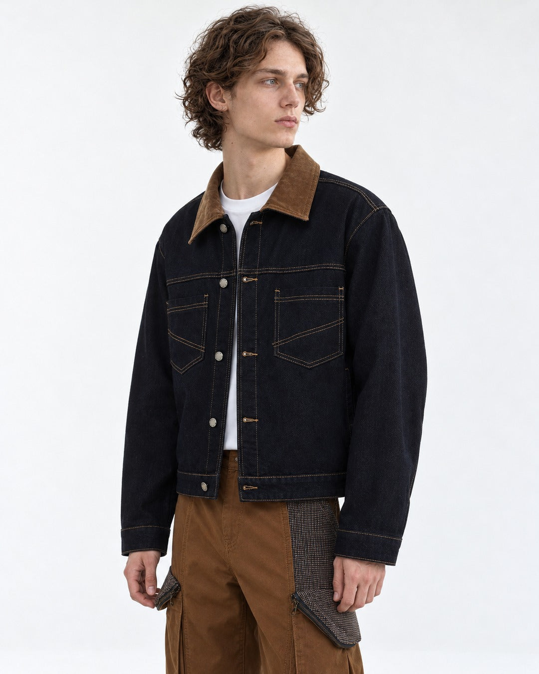 Corduroy Collar Denim Jacket and Cargo Pants Set