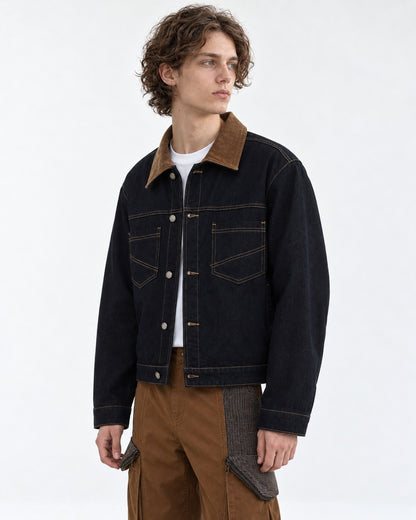 Corduroy Collar Denim Jacket and Cargo Pants Set