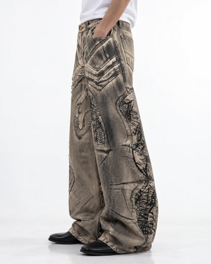 Scribble Patch Chevron Wide-Leg Jeans